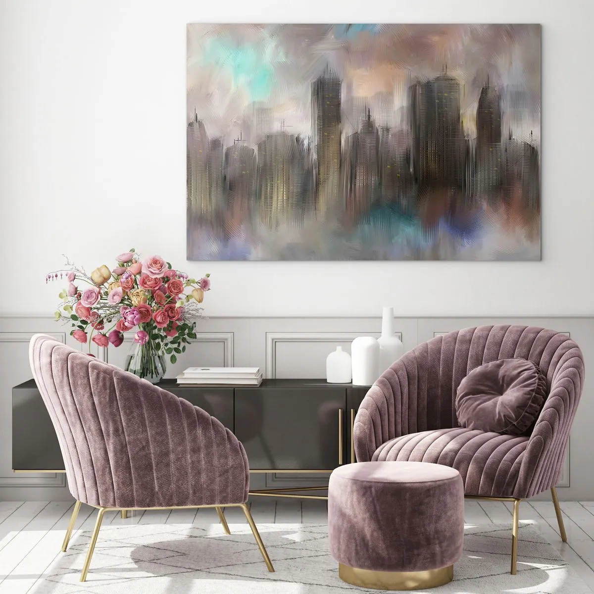 Glasbild - Bild auf glas - Abstraktes Bild einer Stadt mit Wolkenkratzern - 100x70cm - Eine Komposition aus Stahl, Stein und Nebel - Moderne Wanddekoration für Wohnzimmer und Schlafzimmer ARTTOR