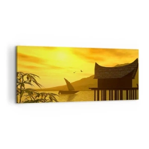 Bild auf Leinwand - Leinwandbild - Tropischer Sonnenuntergang über dem Wasser mit Holzhaus auf Stelzen. - 120x50cm - Der ersehnte Frieden - Moderne Wanddekoration für Wohnzimmer und Schlafzimmer ARTTOR