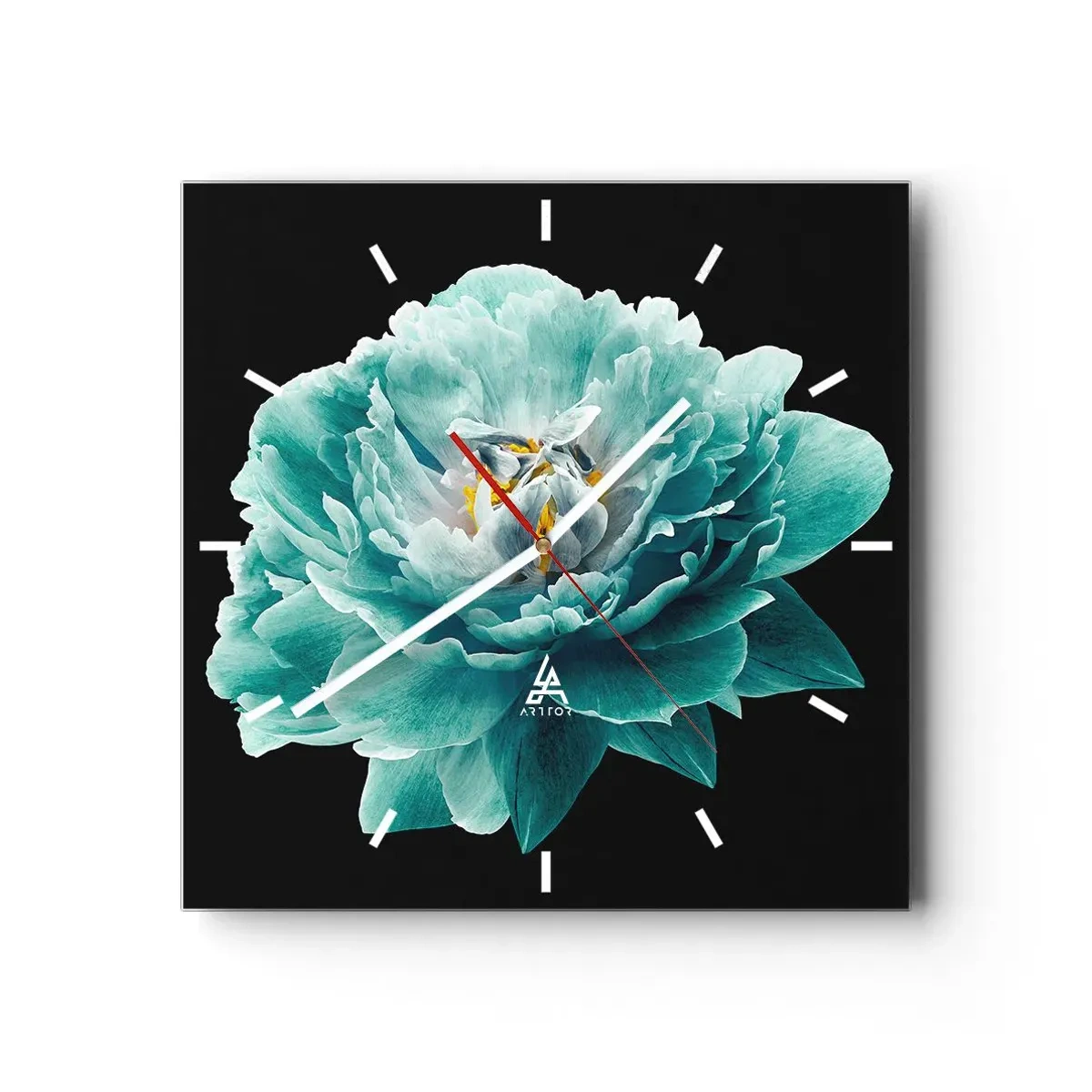 Wanduhr - Glasuhr - Türkisfarbene Pfingstrose auf schwarzem Hintergrund - 30x30cm - Blaue und goldene Blütenblätter - Moderne Wanddekoration für Wohnzimmer und Schlafzimmer ARTTOR