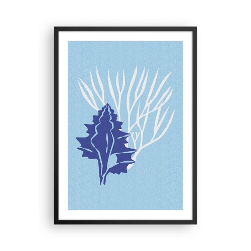Poster in einem schwarzem Rahmen - Nautische Grafik von Muscheln und Korallen auf blauem Hintergrund - 50x70cm - Blattformen - Moderne Wanddekoration für Wohnzimmer und Schlafzimmer ARTTOR