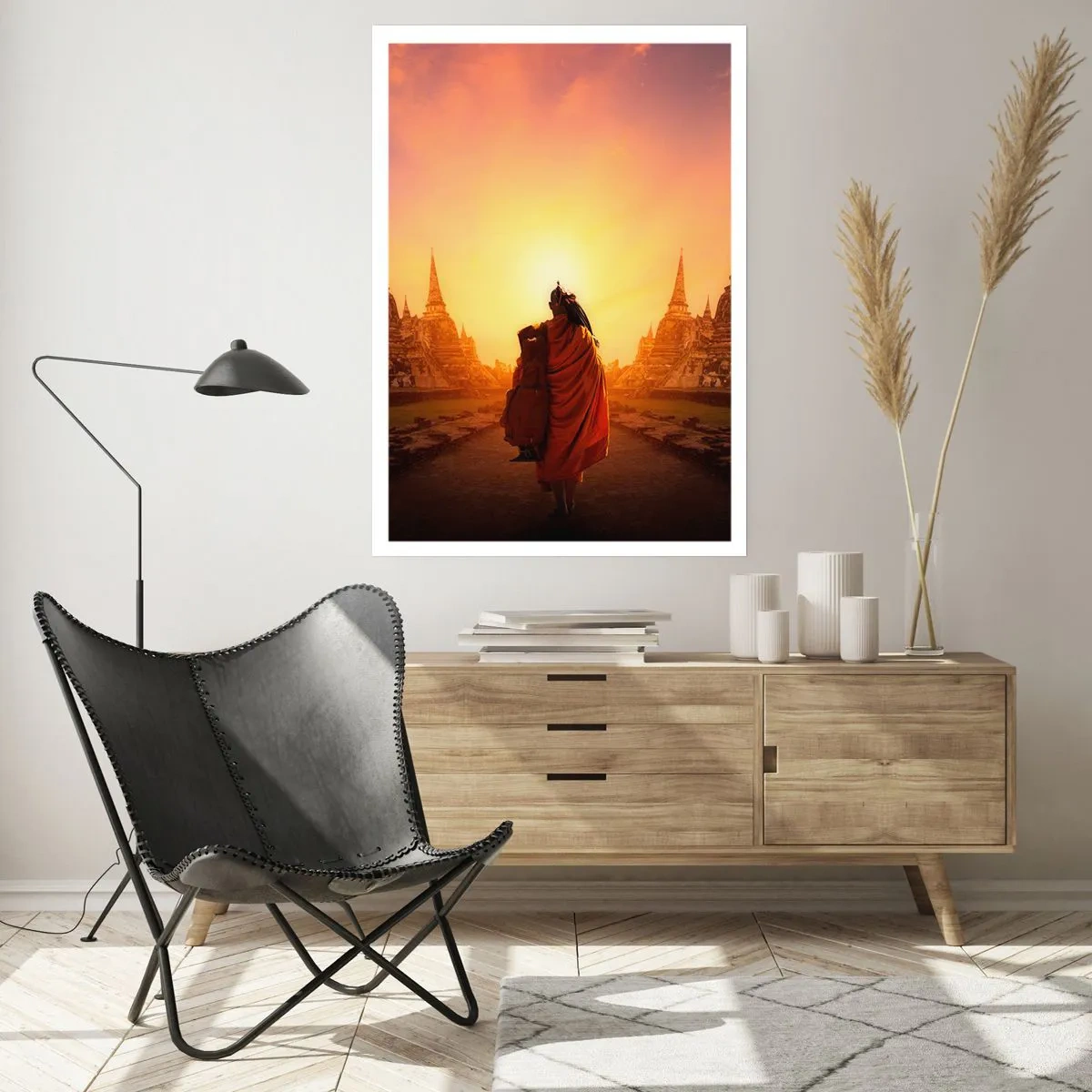 Poster - Ein buddhistischer Mönch in den Strahlen der aufgehenden Sonne - 50x70cm - In Frieden für die Ewigkeit - Moderne Wanddekoration für Wohnzimmer und Schlafzimmer ARTTOR