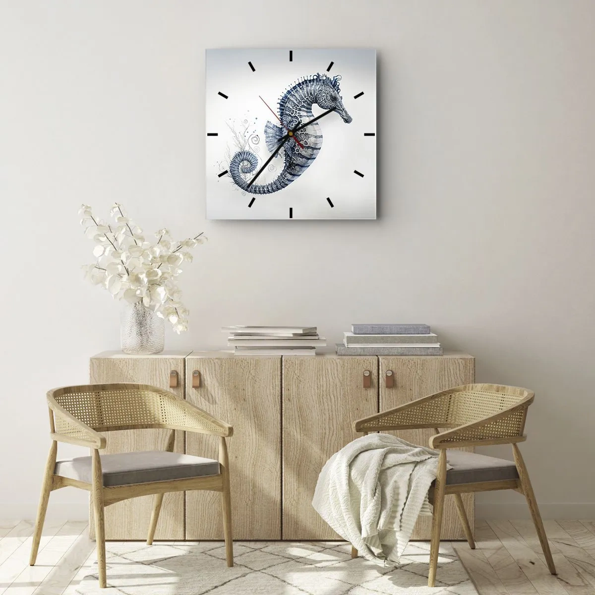 Wanduhr - Glasuhr - Seepferdchen in Blautönen mit Aquarelldetails - 30x30cm - Subtiler Witz der Natur - Moderne Wanddekoration für Wohnzimmer und Schlafzimmer ARTTOR