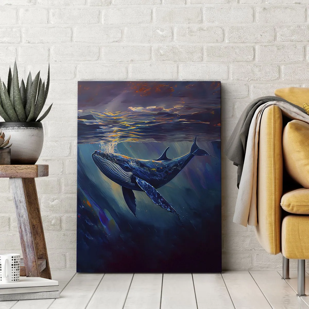 Bild auf Leinwand - Leinwandbild - Ein Wal in den Tiefen des Ozeans in leuchtenden Farben - 50x70cm - Willkommen in meiner Welt - Moderne Wanddekoration für Wohnzimmer und Schlafzimmer ARTTOR