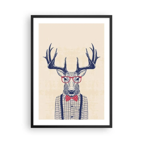 Poster in einem schwarzem Rahmen - Stilvoller Hirsch mit Brille und Fliege auf beigem Hintergrund - 50x70cm - Eine lustige Extravaganz - Moderne Wanddekoration für Wohnzimmer und Schlafzimmer ARTTOR