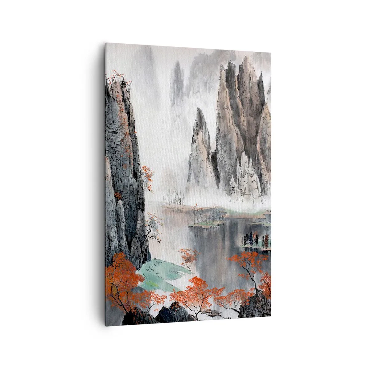 Bild auf Leinwand - Leinwandbild - Malerische Felsen und Bäume in der nebligen chinesischen Landschaft - 80x120cm - Mächtige Wächter - Moderne Wanddekoration für Wohnzimmer und Schlafzimmer ARTTOR
