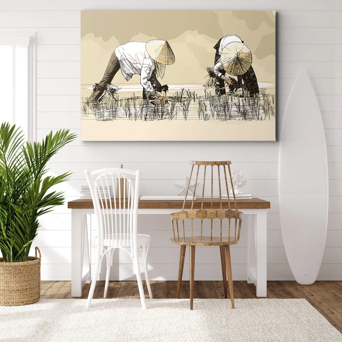 Bild auf Leinwand - Leinwandbild - Bauern bei der Arbeit auf einem Reisfeld mit traditioneller Kopfbedeckung - 120x80cm - Erfolgreiche Ernte - Moderne Wanddekoration für Wohnzimmer und Schlafzimmer ARTTOR