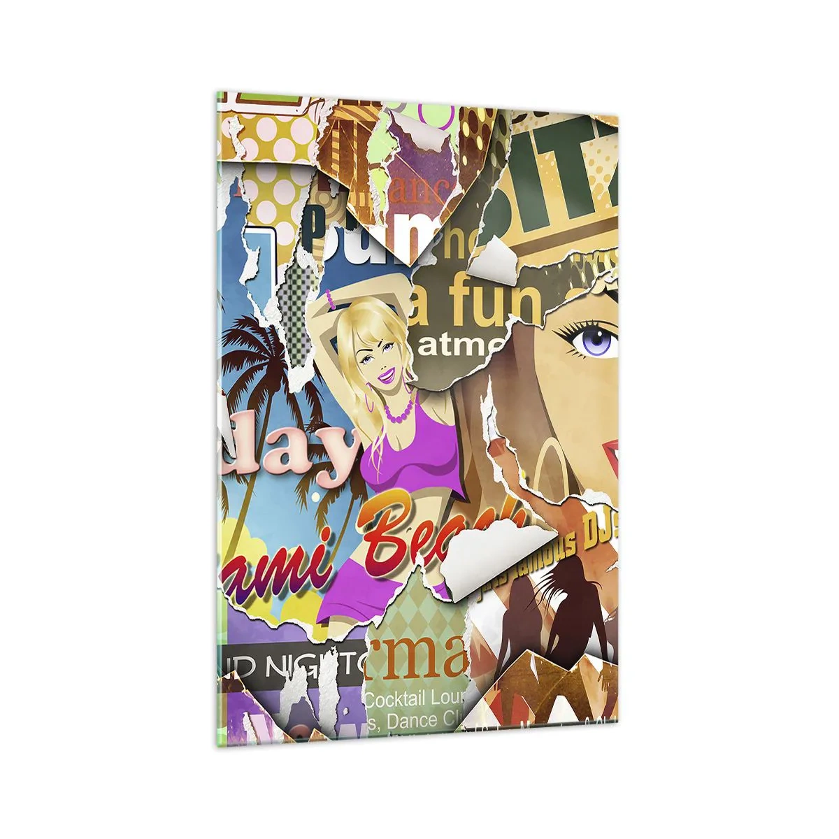 Glasbild - Bild auf glas - Eine farbenfrohe Collage mit Retro- und Pop-Art-Elementen. - 70x100cm - Sommer Rückblicke - Moderne Wanddekoration für Wohnzimmer und Schlafzimmer ARTTOR