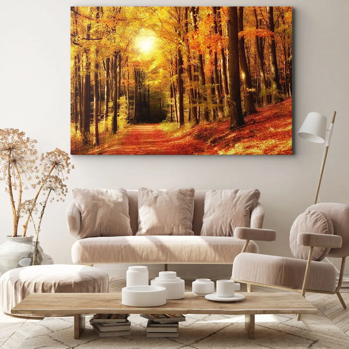 Bild auf Leinwand - Leinwandbild - Herbstwald mit Sonnenstrahlen, die durch die Bäume scheinen - 100x70cm - Goldener Herbst auf einer Forststraße - Moderne Wanddekoration für Wohnzimmer und Schlafzimmer ARTTOR