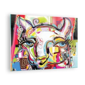 Glasbild - Bild auf glas - Abstraktes Bild eines Katzengesichts in farbenfrohem künstlerischem Ausdruck - 70x50cm - Der Reichtum des Abiturs der Katze - Moderne Wanddekoration für Wohnzimmer und Schlafzimmer ARTTOR