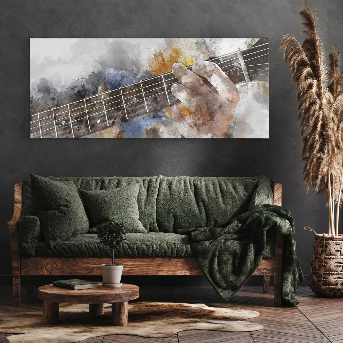 Bild auf Leinwand - Leinwandbild - Abstraktes Bild einer Hand, die Gitarre spielt - 160x50cm - Poesie zwischen den Saiten - Moderne Wanddekoration für Wohnzimmer und Schlafzimmer ARTTOR