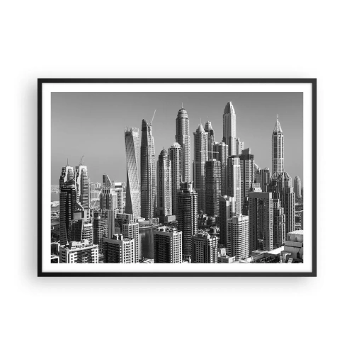 Poster in einem schwarzem Rahmen - Panorama moderner Wolkenkratzer in monochromen Tönen - 100x70cm - Stadt in der Wüste - Moderne Wanddekoration für Wohnzimmer und Schlafzimmer ARTTOR