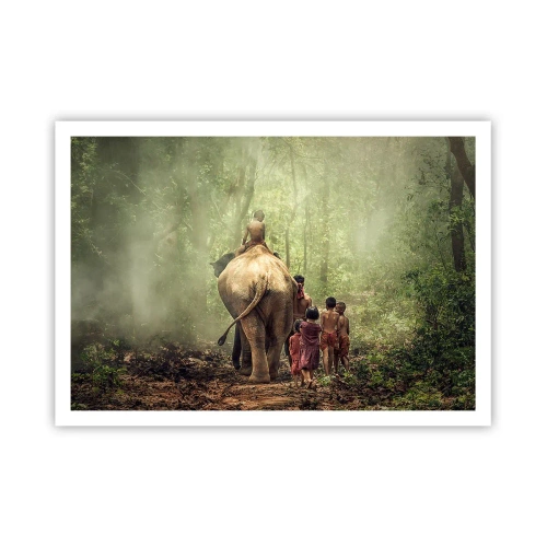 Poster - Kinder mit einem Elefanten in einem grünen Wald im Morgenlicht - 100x70cm - Neues Dschungelbuch - Moderne Wanddekoration für Wohnzimmer und Schlafzimmer ARTTOR