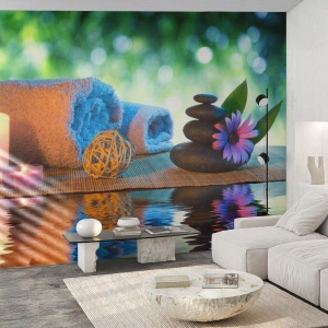 Fototapete Premium Sand - Entspannende Spa-Komposition mit Steinen und Kerzen - 100x70cm - Zeit für den Körper - Moderne Wanddekoration für Wohnzimmer und Schlafzimmer ARTTOR