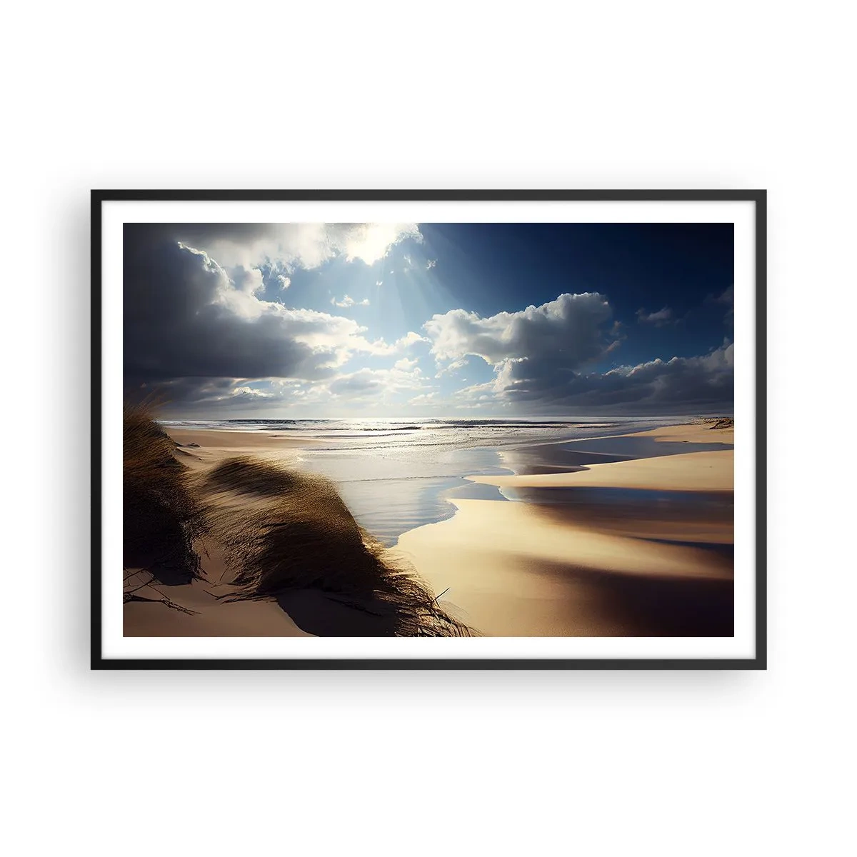 Poster in einem schwarzem Rahmen - Ein wilder Strand mit Dünen und blauem Himmel - 100x70cm - Strand, wilder Strand - Moderne Wanddekoration für Wohnzimmer und Schlafzimmer ARTTOR