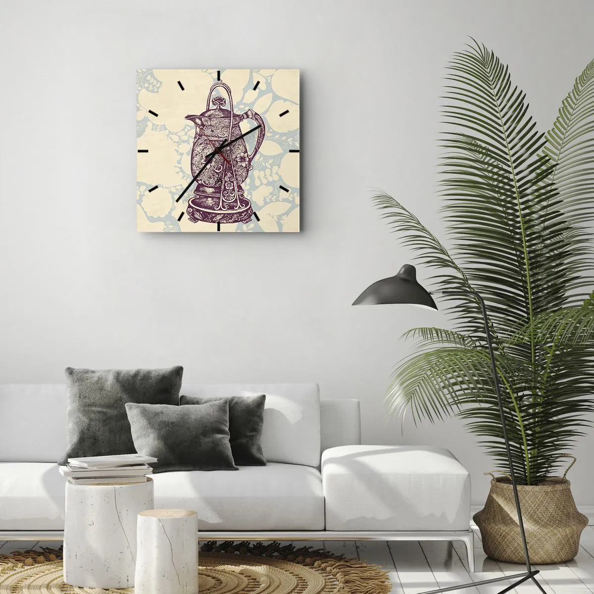 Wanduhr - Glasuhr - Stilisierter Krug mit Ornamenten auf floralem Hintergrund - 30x30cm - Schönheit des Alltags - Moderne Wanddekoration für Wohnzimmer und Schlafzimmer ARTTOR