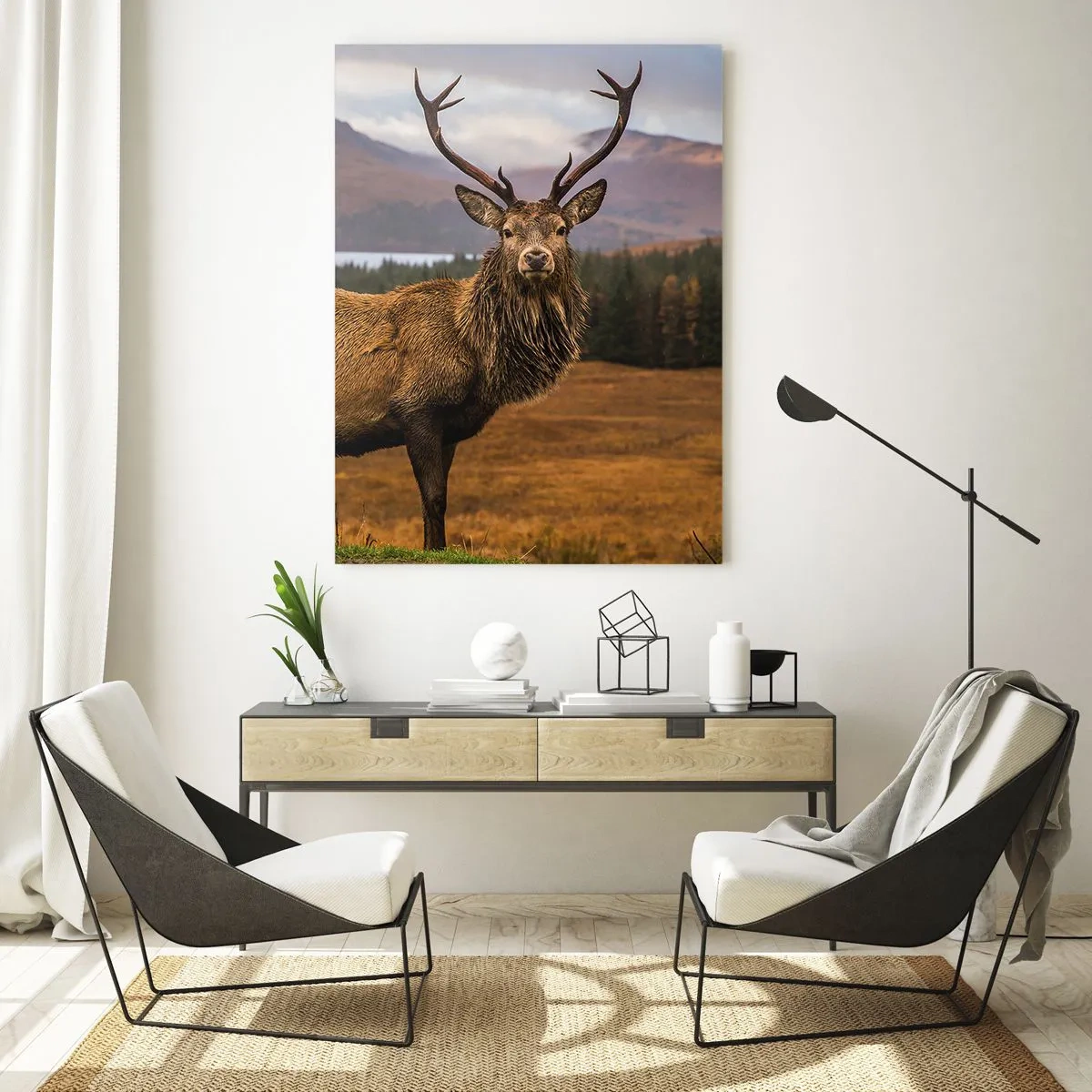 Glasbild - Bild auf glas - Hirsche vor der Kulisse malerischer Berge und Wälder - 50x70cm - Die Majestät der Natur - Moderne Wanddekoration für Wohnzimmer und Schlafzimmer ARTTOR