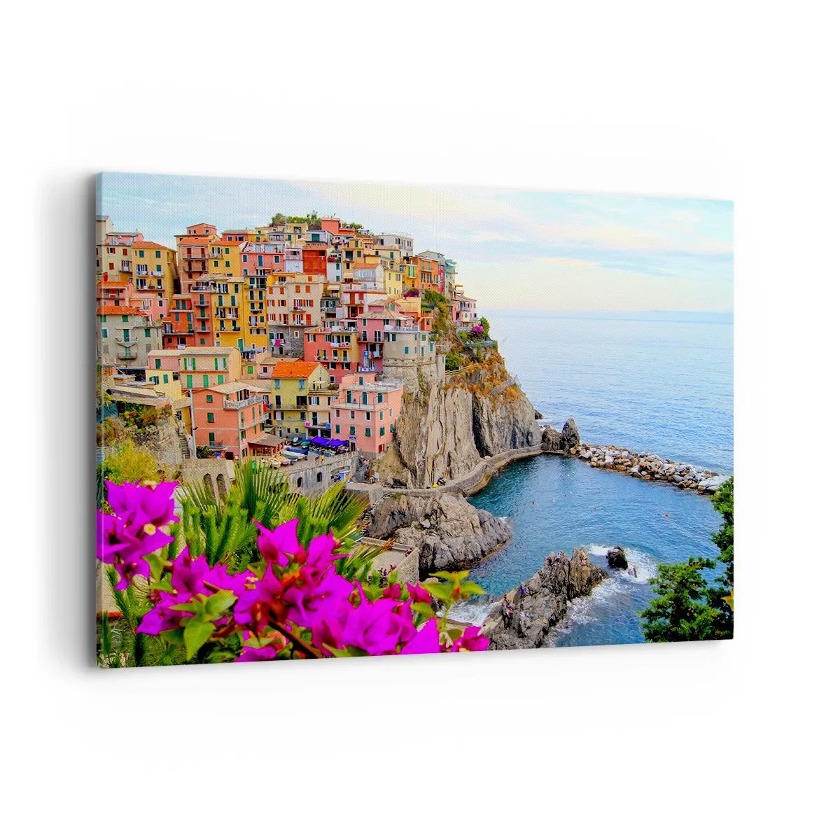 Bild auf Leinwand - Leinwandbild - Bunte Häuser auf einer Klippe mit Blick auf das Meer in einer malerischen Landschaft - 100x70cm - Lachende Stadt - Moderne Wanddekoration für Wohnzimmer und Schlafzimmer ARTTOR