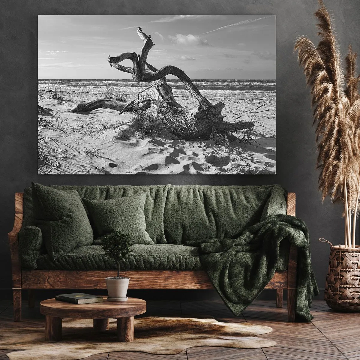 Bild auf Leinwand - Leinwandbild - Schwarz-weiße Landschaft mit einem toten Baum am Strand - 120x80cm - Meeresskulptur - Moderne Wanddekoration für Wohnzimmer und Schlafzimmer ARTTOR