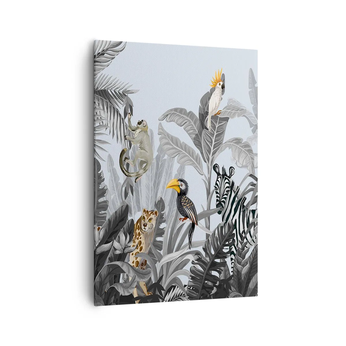 Bild auf Leinwand - Leinwandbild - Tropischer Dschungel mit exotischen Tieren auf grauem Hintergrund - 70x100cm - Afrikanisches Märchen - Moderne Wanddekoration für Wohnzimmer und Schlafzimmer ARTTOR