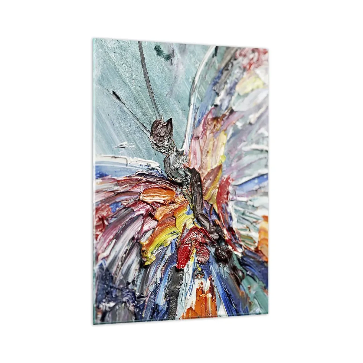 Glasbild - Bild auf glas - Bunter Impasto-Schmetterling auf pastellfarbenem Hintergrund - 80x120cm - Von der Natur gemalt - Moderne Wanddekoration für Wohnzimmer und Schlafzimmer ARTTOR