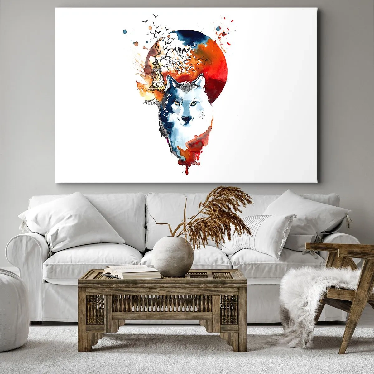 Bild auf Leinwand - Leinwandbild - Abstraktes Aquarell eines Wolfes vor einem roten Mond - 70x50cm - Nase an Nase mit der Nacht - Moderne Wanddekoration für Wohnzimmer und Schlafzimmer ARTTOR