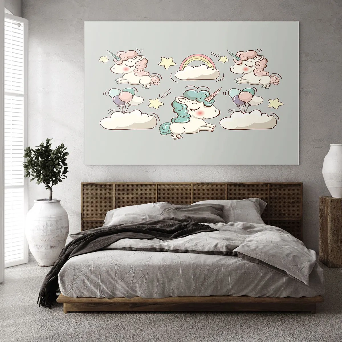 Glasbild - Bild auf glas - Niedliche Einhörner in den Wolken mit einem Regenbogen und Luftballons - 100x70cm - Sicherlich gibt es... - Moderne Wanddekoration für Wohnzimmer und Schlafzimmer ARTTOR