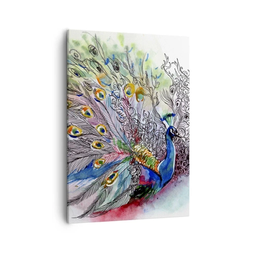 Bild auf Leinwand - Leinwandbild - Ein Pfau im farbenfrohen Aquarellstil mit abstrakten Federn - 50x70cm - Mit Stolz gegen Grau - Moderne Wanddekoration für Wohnzimmer und Schlafzimmer ARTTOR