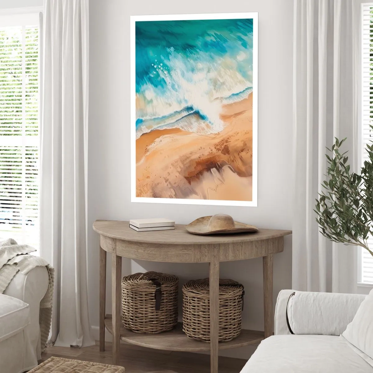 Poster - Eine abstrakte Szene einer Welle, die in Türkis- und Sandtönen an die Küste bricht. - 50x70cm - Zurückkehrende Welle - Moderne Wanddekoration für Wohnzimmer und Schlafzimmer ARTTOR