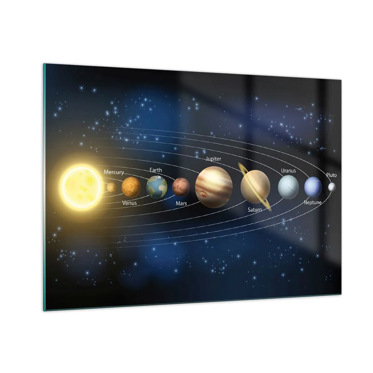 Glasbild - Bild auf glas - Das Sonnensystem mit Planeten und Sternen im Hintergrund - 100x70cm - Einer von zehn - Moderne Wanddekoration für Wohnzimmer und Schlafzimmer ARTTOR