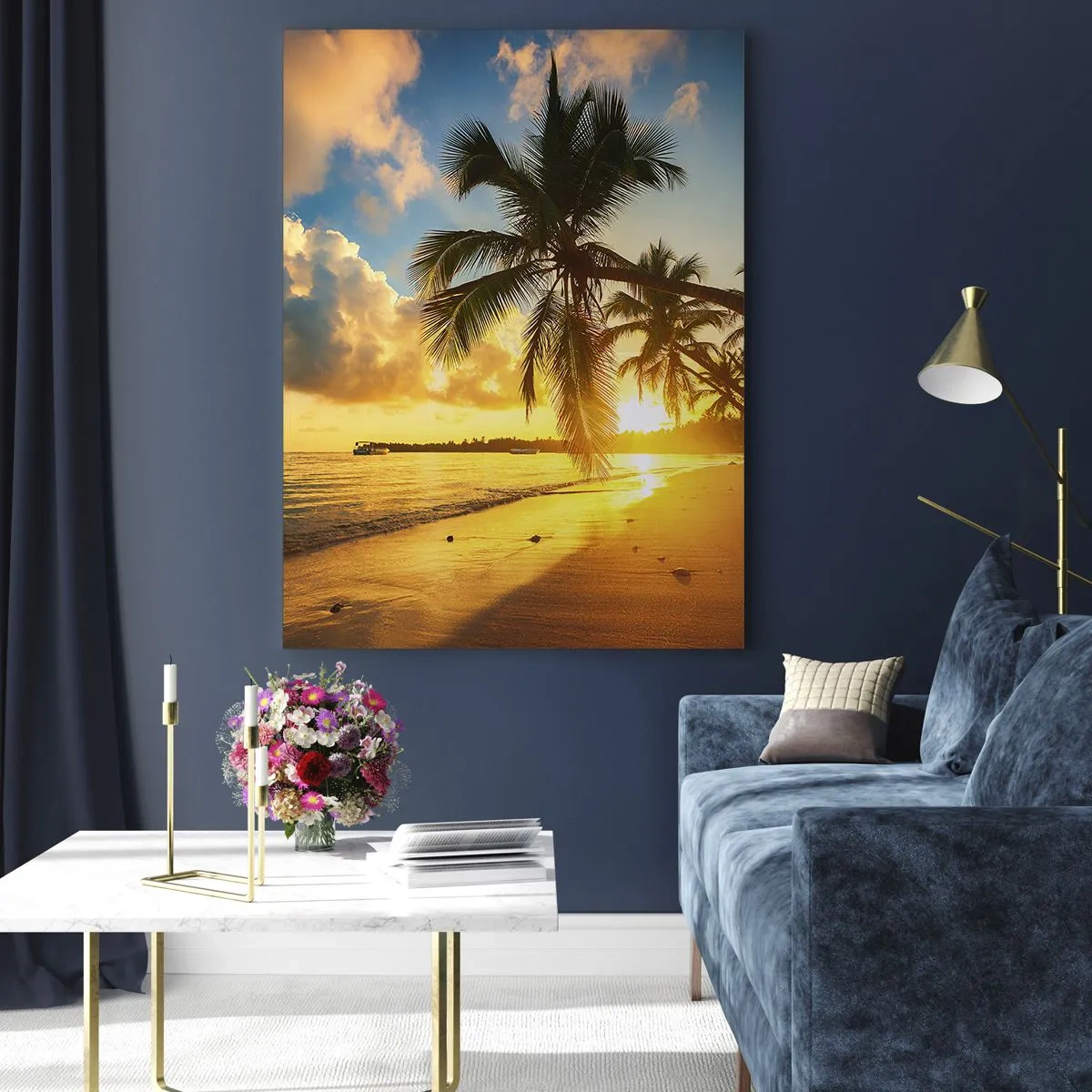 Glasbild - Bild auf glas - Sonnenuntergang am Strand mit Palmen an der Küste - 70x100cm - Karibischer Traum - Moderne Wanddekoration für Wohnzimmer und Schlafzimmer ARTTOR