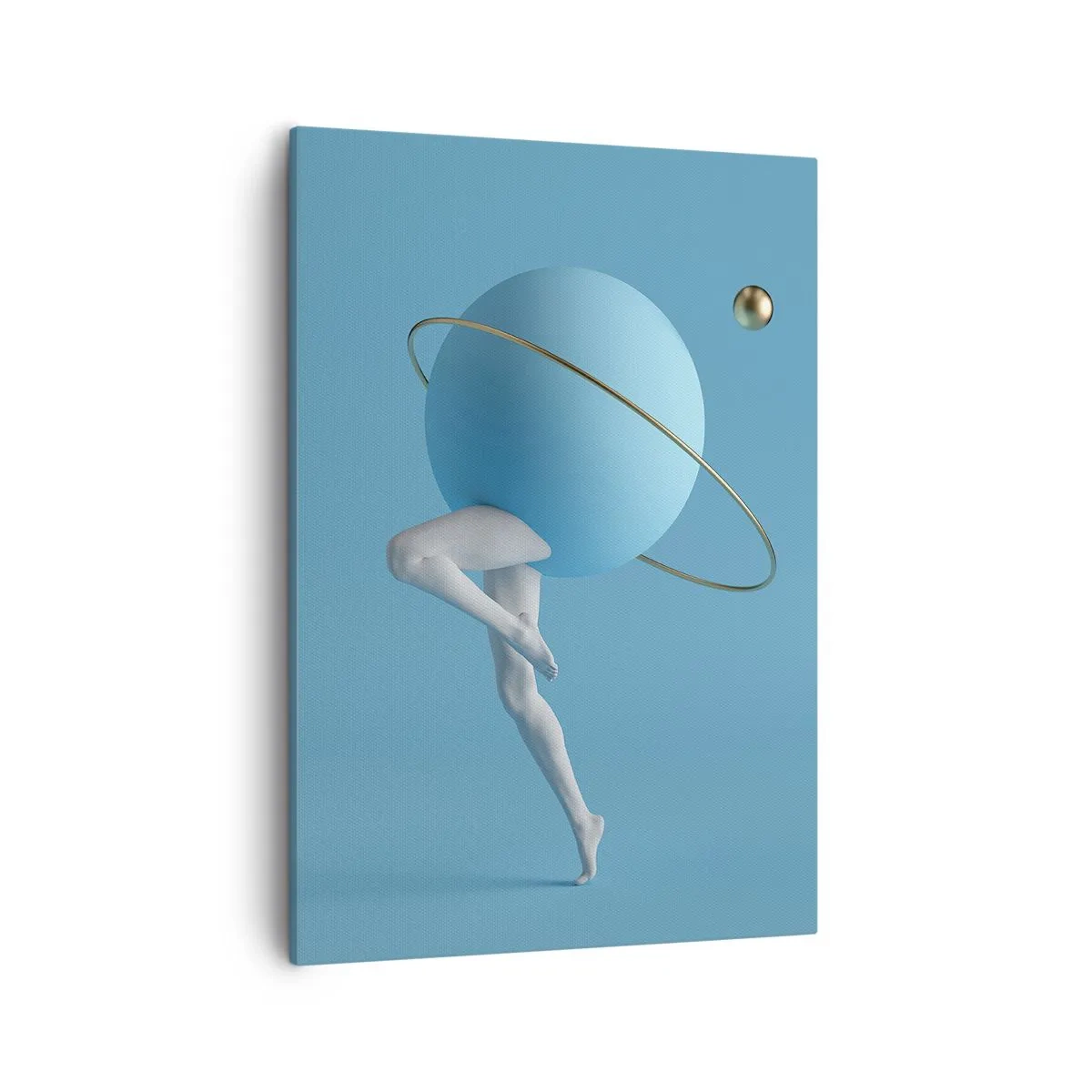 Bild auf Leinwand - Leinwandbild - Eine blaue Kugel mit einer Umlaufbahn und menschlichen Beinen vor dem Himmel - 50x70cm - Und die Planeten spielen verrückt - Moderne Wanddekoration für Wohnzimmer und Schlafzimmer ARTTOR