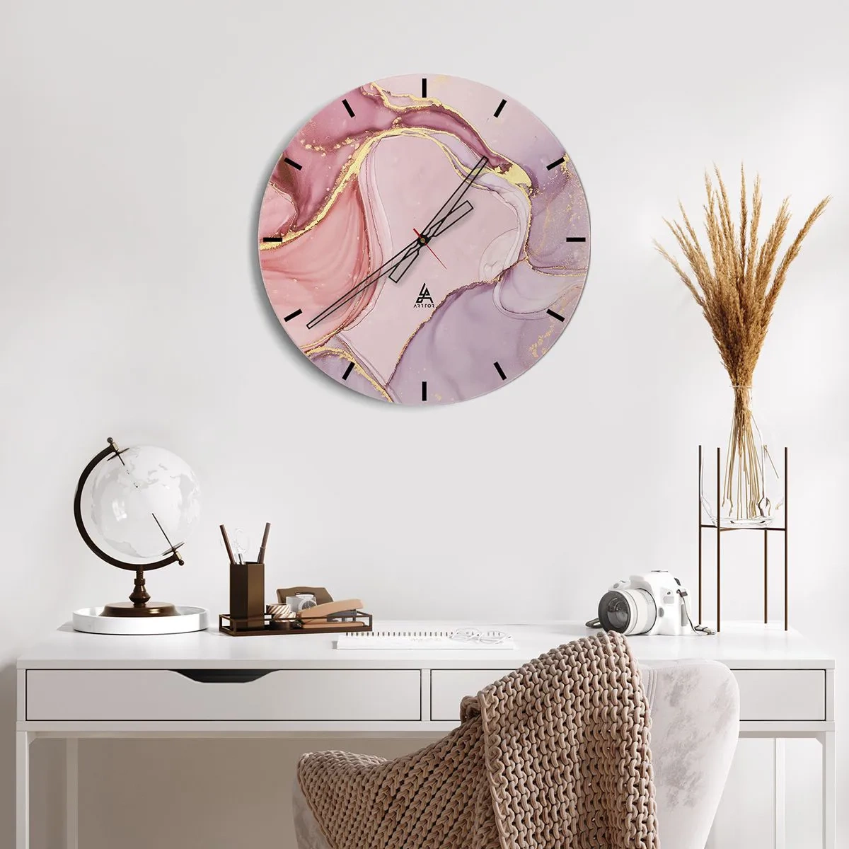 Wanduhr - Glasuhr - Abstrakte Uhr mit rosa und goldenen Akzenten - 30x30cm - Eine Liebkosung der Farben - Moderne Wanddekoration für Wohnzimmer, Küche und Schlafzimmer ARTTOR