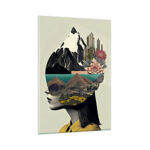 Glasbild - Bild auf glas - Collage einer Frau mit Berglandschaft und Blumen - 80x120cm - Frau – bleibt immer ein Geheimnis - Moderne Wanddekoration für Wohnzimmer und Schlafzimmer ARTTOR