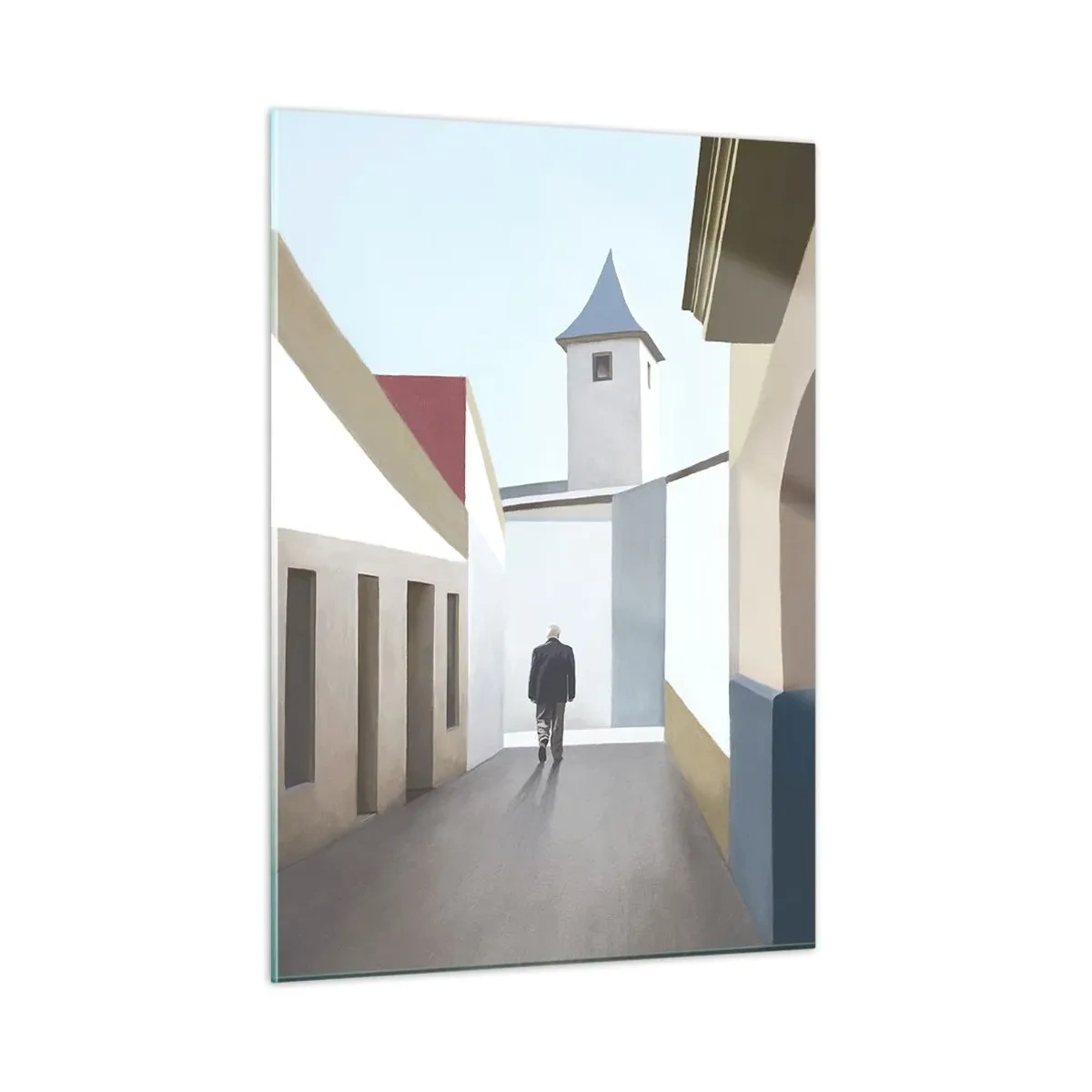Glasbild - Bild auf glas - Eine Straße in der Sonne mit einer Gestalt, die in der Ferne geht - 50x70cm - Sonniger Spaziergang - Moderne Wanddekoration für Wohnzimmer und Schlafzimmer ARTTOR