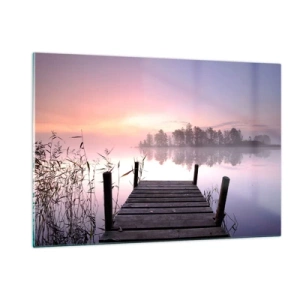 Glasbild - Bild auf glas - Ein Pier bei Sonnenaufgang über einem ruhigen See - 120x80cm - Aus dem lila Nebel ... - Moderne Wanddekoration für Wohnzimmer und Schlafzimmer ARTTOR