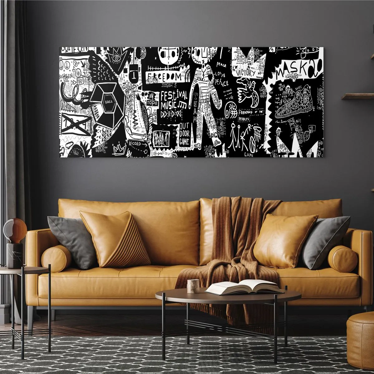 Glasbild - Bild auf glas - Von der Straßenkunst inspirierte Schwarz-Weiß-Collage - 120x50cm - Spirituelle Jugend des Gesetzes und der Freude - Moderne Wanddekoration für Wohnzimmer und Schlafzimmer ARTTOR