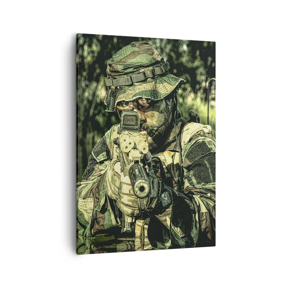 Bild auf Leinwand - Leinwandbild - Ein Soldat in Tarnkleidung zielt durch das Wasser. - 50x70cm - Das Beste vom Besten - Moderne Wanddekoration für Wohnzimmer und Schlafzimmer ARTTOR