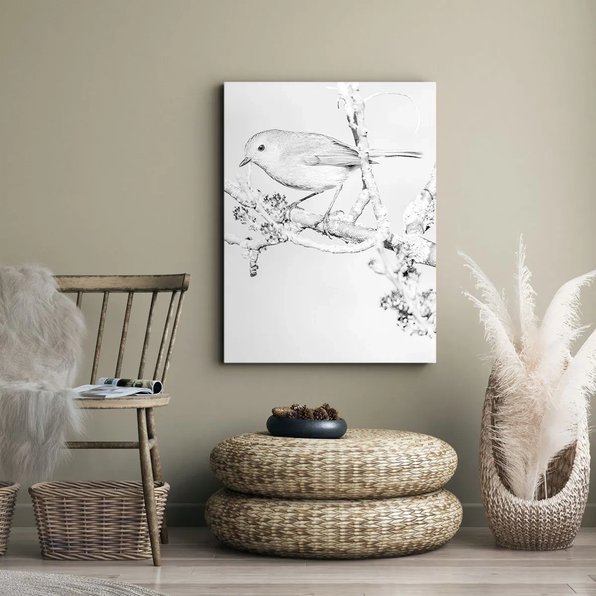 Bild auf Leinwand - Leinwandbild - Vogel auf einem Ast in Schwarz-Weiß im minimalistischen Stil - 50x70cm - Wintermorgen - Moderne Wanddekoration für Wohnzimmer und Schlafzimmer ARTTOR