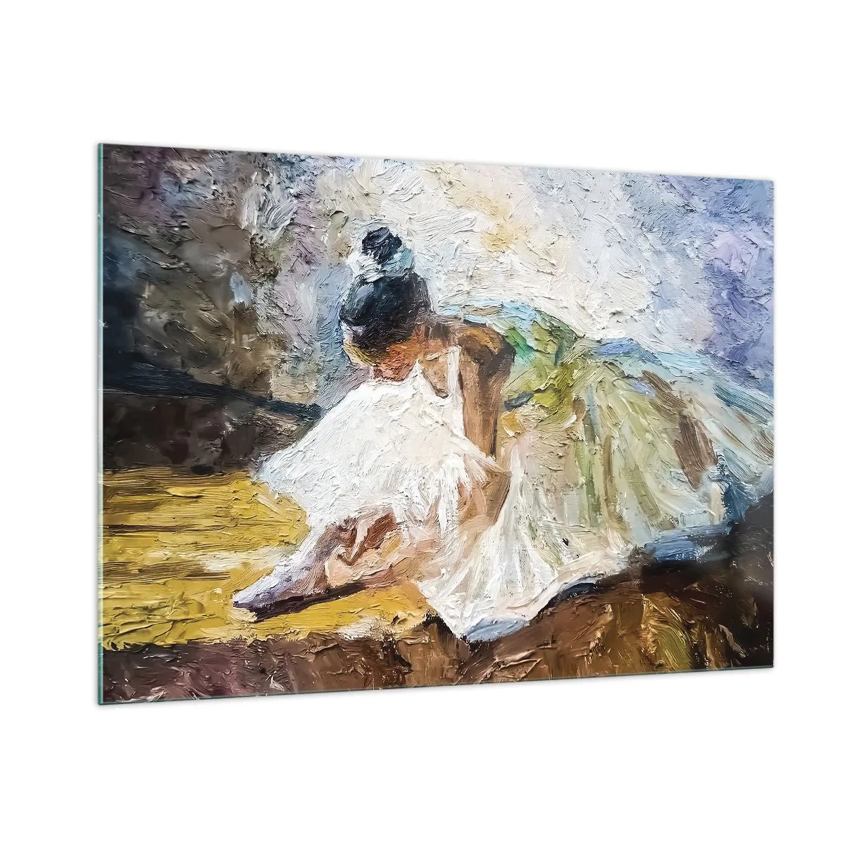 Glasbild - Bild auf glas - Eine nach vorne gebeugte Ballerina in einem weißen Kleid, das mit einer Öltextur bemalt ist - 100x70cm - Aus einem Gemälde von Degas - Moderne Wanddekoration für Wohnzimmer und Schlafzimmer ARTTOR
