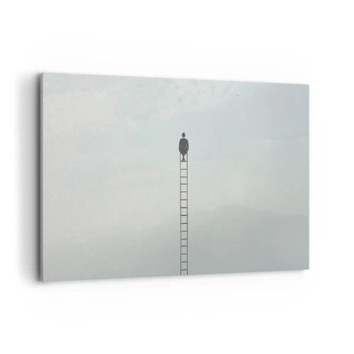 Bild auf Leinwand - Leinwandbild - Ein Mann auf einer Leiter, die in den Himmel ragt - 120x80cm - Erhebe dich darüber! - Moderne Wanddekoration für Wohnzimmer und Schlafzimmer ARTTOR
