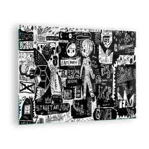 Glasbild - Bild auf glas - Schwarz-weiße Grafiken im Street-Art-Stil mit Figuren und Symbolen - 70x50cm - Spirituelle Jugend des Gesetzes und der Freude - Moderne Wanddekoration für Wohnzimmer und Schlafzimmer ARTTOR