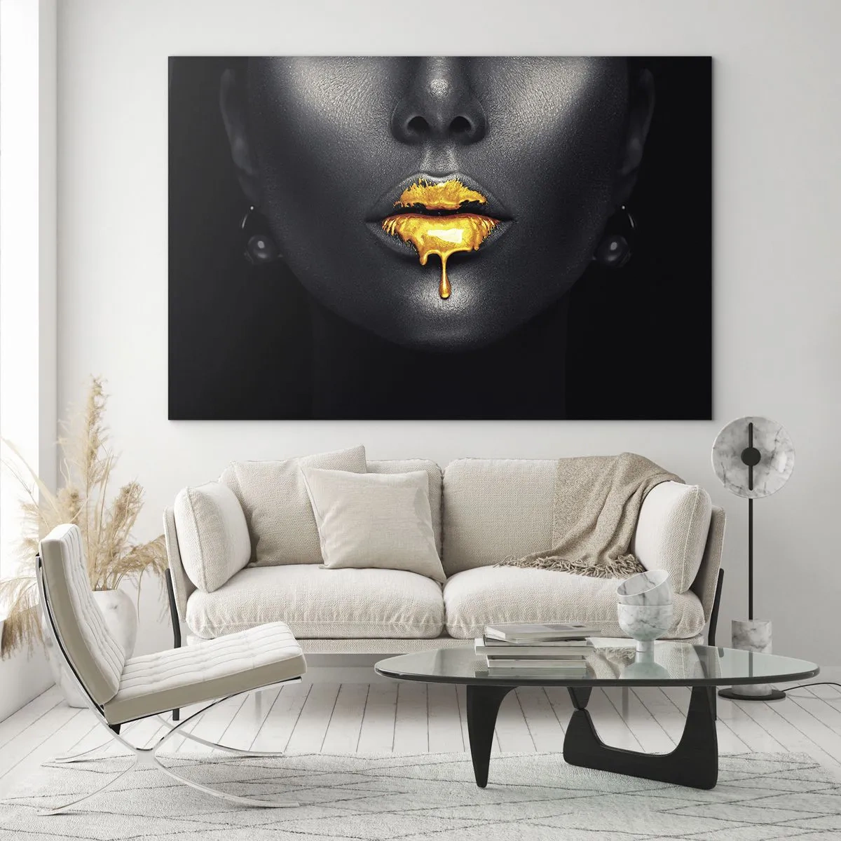 Glasbild - Bild auf glas - Schwarz-goldenes Porträt einer Frau mit glänzenden Lippen - 70x50cm - Goldmaul - Moderne Wanddekoration für Wohnzimmer und Schlafzimmer ARTTOR