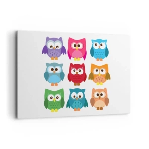 Bild auf Leinwand - Leinwandbild - Bunte Eulenillustrationen im kindlichen Stil - 120x80cm - Es macht Spaß, anders zu sein - Moderne Wanddekoration für Wohnzimmer und Schlafzimmer ARTTOR