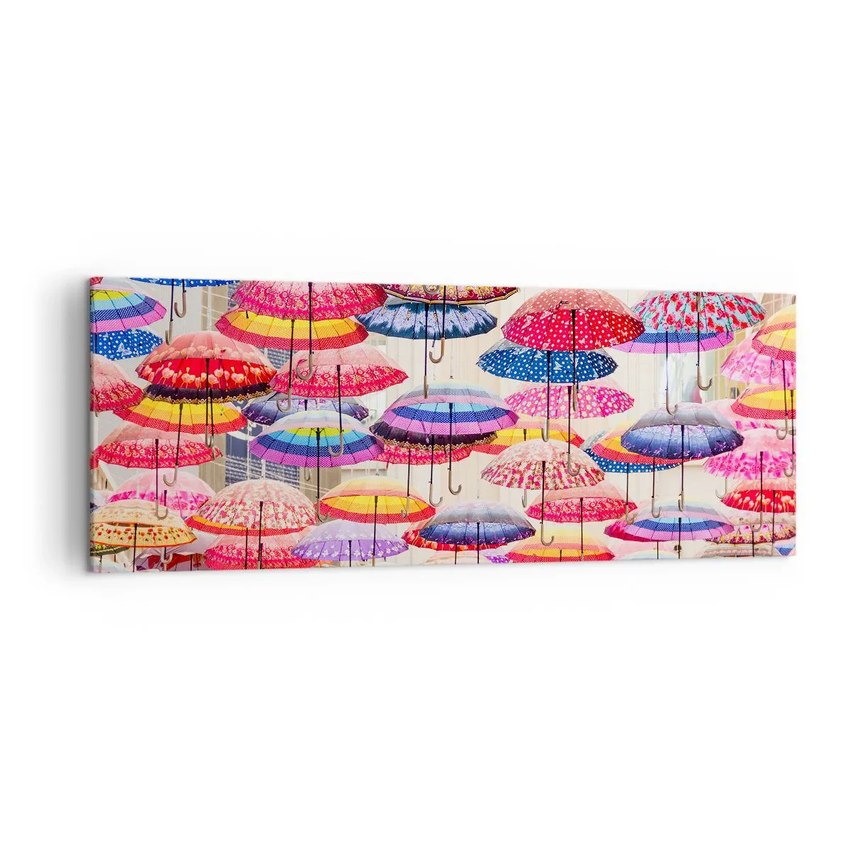 Bild auf Leinwand - Leinwandbild - Bunte Regenschirme schweben in der Luft - 140x50cm - Stadtwiese - Moderne Wanddekoration für Wohnzimmer und Schlafzimmer ARTTOR