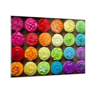 Glasbild - Bild auf glas - Bunte Cupcakes mit Dekorationen auf einem hölzernen Hintergrund - 100x70cm - Alles andere - alles lecker - Moderne Wanddekoration für Wohnzimmer und Schlafzimmer ARTTOR