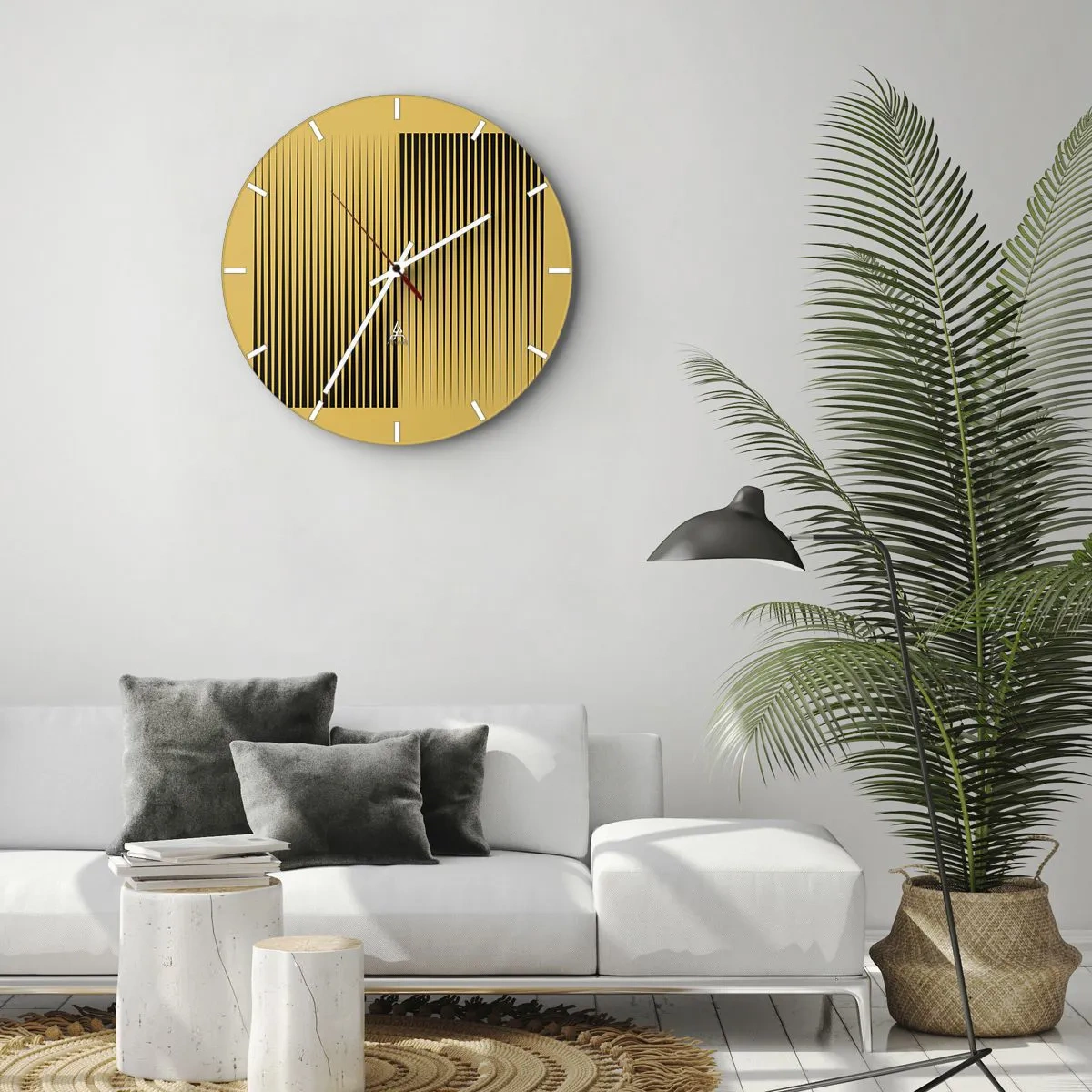 Wanduhr - Glasuhr - Gelber Hintergrund mit schwarzen vertikalen Linien, die einen geometrischen Effekt erzeugen - 30x30cm - Quadratur der Gegensätze - Moderne Wanddekoration für Wohnzimmer, Küche und Schlafzimmer ARTTOR
