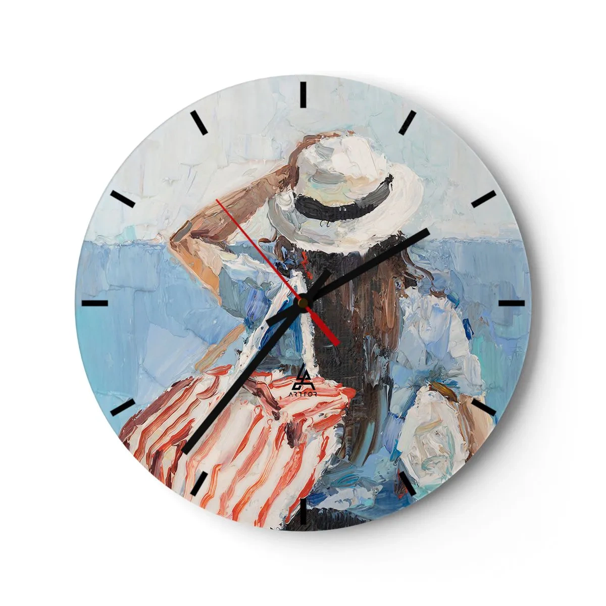 Wanduhr - Glasuhr - Ein Sommergemälde einer Frau mit Hut vor dem Meer - 30x30cm - Willkommen in den Sommerferien - Moderne Wanddekoration für Wohnzimmer, Küche und Schlafzimmer ARTTOR