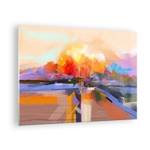Glasbild - Bild auf glas - Abstrakte Landschaft mit Sonnenuntergang und bunten Feldern - 70x50cm - Der Herbst ist geworden - Moderne Wanddekoration für Wohnzimmer und Schlafzimmer ARTTOR