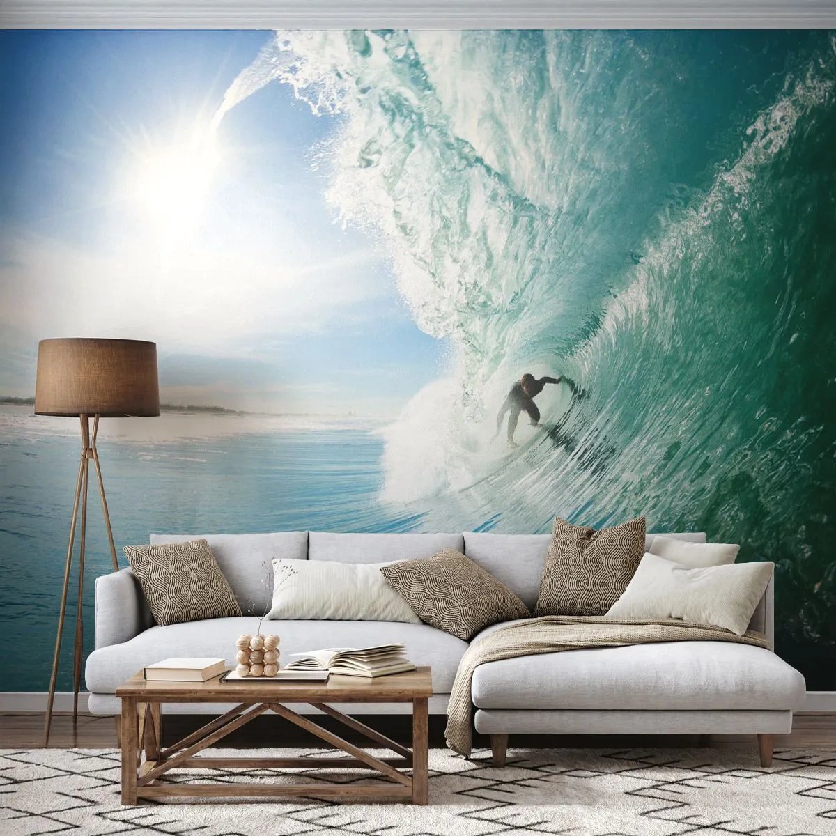 Fototapete Premium Sand - Surfer in einem Wellentunnel vor blauem Himmel - 100x70cm - Immer Top - Moderne Wanddekoration für Wohnzimmer und Schlafzimmer ARTTOR