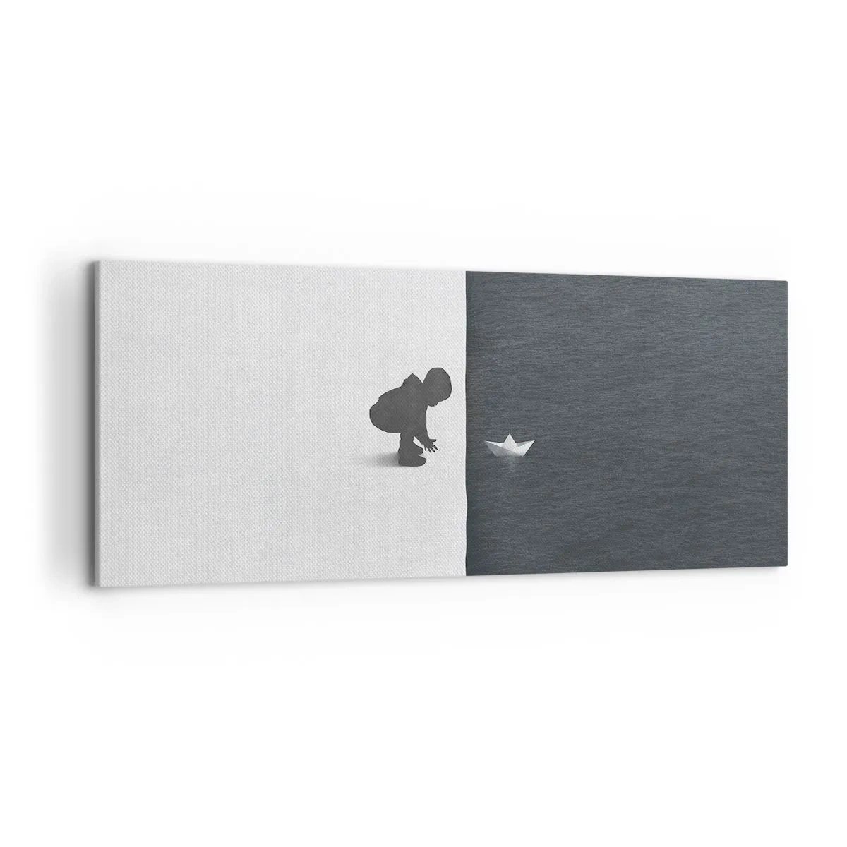 Bild auf Leinwand - Leinwandbild - Eine Kinderfigur mit einem Papierboot vor einem Hintergrund aus kontrastierenden Hälften - 120x50cm - Tolle Expedition - Moderne Wanddekoration für Wohnzimmer und Schlafzimmer ARTTOR